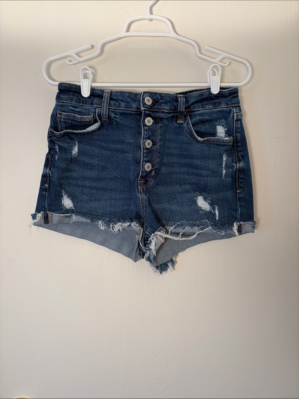Arizona Jean Company Distressed Dark Blue Denim Button-Front Shorts